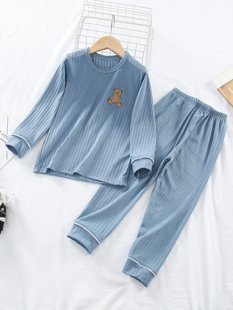 Young Boy Cartoon Graphic Contrast Piping PJ Set - Dusty Blue - View 1