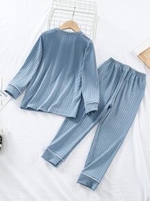 Young Boy Cartoon Graphic Contrast Piping PJ Set - Dusty Blue - View 2