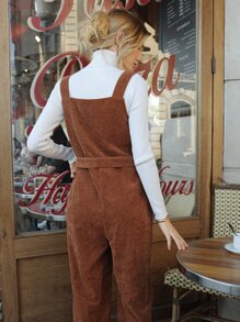 SHEIN Frenchy 1pc Button Detail Belted Corduroy Overall Jumpsuit - Brown - View 2