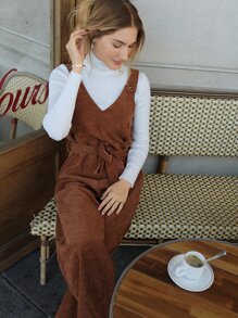 SHEIN Frenchy 1pc Button Detail Belted Corduroy Overall Jumpsuit - Brown - View 6
