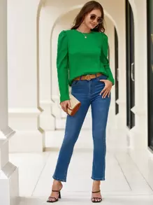SHEIN Clasi Blusa unicolor de manga farol - Verde - Ver 3
