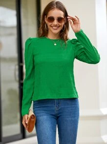 SHEIN Clasi Blusa unicolor de manga farol - Verde - Ver 5