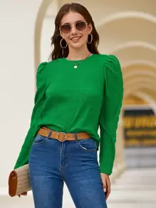 SHEIN Clasi Blusa unicolor de manga farol - Verde - Ver 6