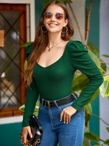 SHEIN Clasi Áo thun nữ màu trơn Thanh lịch - Màu xanh lá cây đậm - Xem 4