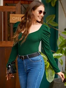 SHEIN Clasi Áo thun nữ màu trơn Thanh lịch - Màu xanh lá cây đậm - Xem 6