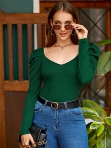 SHEIN Clasi Áo thun nữ màu trơn Thanh lịch - Màu xanh lá cây đậm - Xem 7