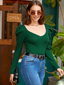SHEIN Clasi Áo thun nữ màu trơn Thanh lịch - Màu xanh lá cây đậm - Xem 8