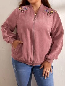 SHEIN LUNE Plus Floral Embroidery Drop Shoulder Corduroy Bomber Jacket - Dusty Pink - View 4