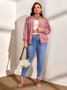 SHEIN LUNE Plus Floral Embroidery Drop Shoulder Corduroy Bomber Jacket - Dusty Pink - View 3