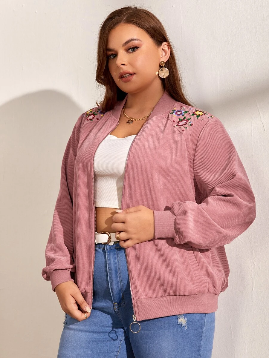 SHEIN LUNE Plus Floral Embroidery Drop Shoulder Corduroy Bomber Jacket - Dusty Pink - View 1