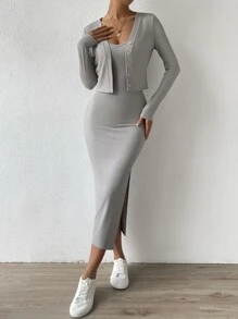 SHEIN Essnce Bộ đồ hai mảnh nữ Gân đan Tách cao Nút phía trước màu trơn Giải trí - Màu Xám nhạt - Xem 3