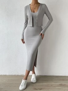 SHEIN Essnce Bộ đồ hai mảnh nữ Gân đan Tách cao Nút phía trước màu trơn Giải trí - Màu Xám nhạt - Xem 5