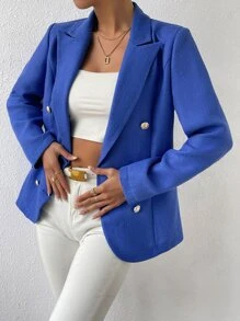 SHEIN Essnce Double Breasted Flap Detail Blazer - Royal Blue - View 4