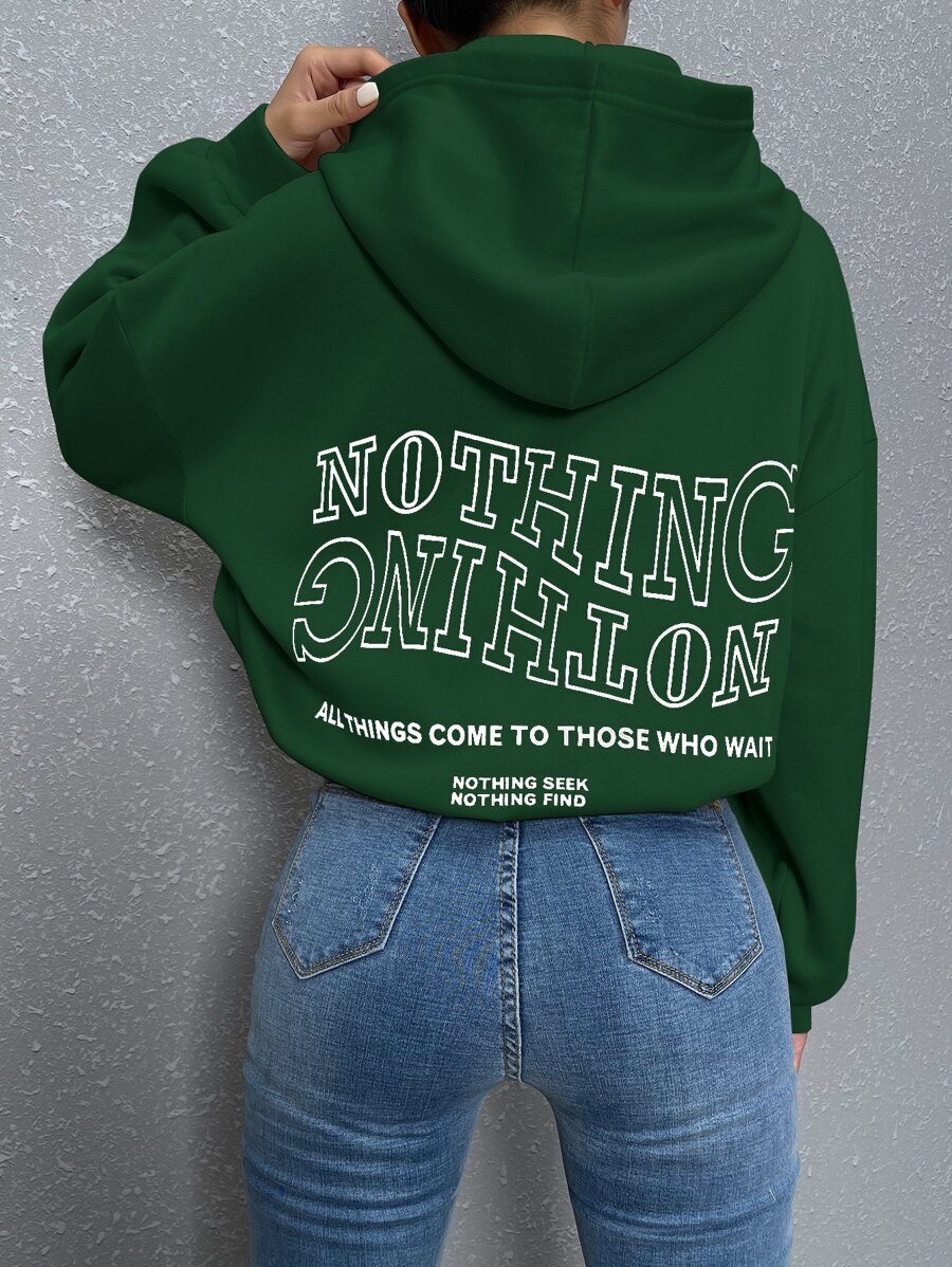 SHEIN Unity Slogan Graphic Drop Shoulder Hoodie - Dark Green - View 1