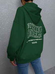 SHEIN Unity Slogan Graphic Drop Shoulder Hoodie - Dark Green - View 4