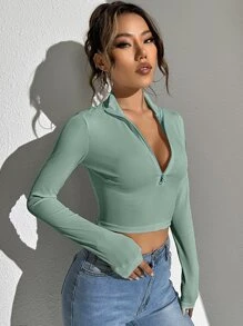 Chiquease Áo thun nữ Dây kéo Gân đan màu trơn Giải trí - Màu xanh Bạc hà - Xem 4