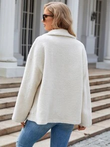 SHEIN Unity Drop Shoulder Pocket Patched Teddy Coat - Apricot - View 3