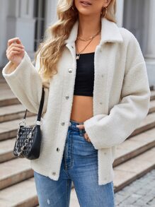 SHEIN Unity Drop Shoulder Pocket Patched Teddy Coat - Apricot - View 7