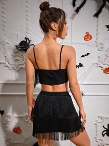 SHEIN ICON Halloween Fringe Trim Crop Cami Top & Skirt - Black - View 2