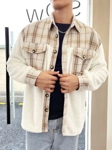 Manfinity Hypemode Loose Fit Men's Plaid Flap Pocket Drop Shoulder Teddy Coat - Multicolor - View 6