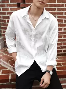 Claim Dot Oversized Men's Floral Jacquard Button Front Shirt, Baggy Long Sleeve Plain White Casual Shirt For Boyfriend Gift,Fall - White - View 2