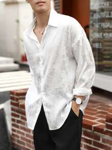 Claim Dot Oversized Men's Floral Jacquard Button Front Shirt, Baggy Long Sleeve Plain White Casual Shirt For Boyfriend Gift,Fall - White - View 4