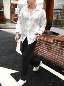 Claim Dot Oversized Men's Floral Jacquard Button Front Shirt, Baggy Long Sleeve Plain White Casual Shirt For Boyfriend Gift,Fall - White - View 6