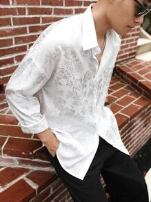 Claim Dot Oversized Men's Floral Jacquard Button Front Shirt, Baggy Long Sleeve Plain White Casual Shirt For Boyfriend Gift,Fall - White - View 7