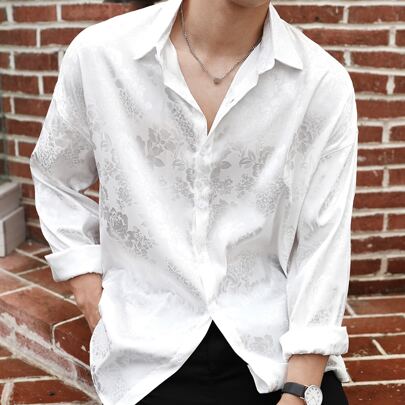 Camicia oversize da uomo con motivo floreale jacquard e bottoni, camicia casual a maniche lunghe bianca ampia come regalo per il fidanzato, autunno