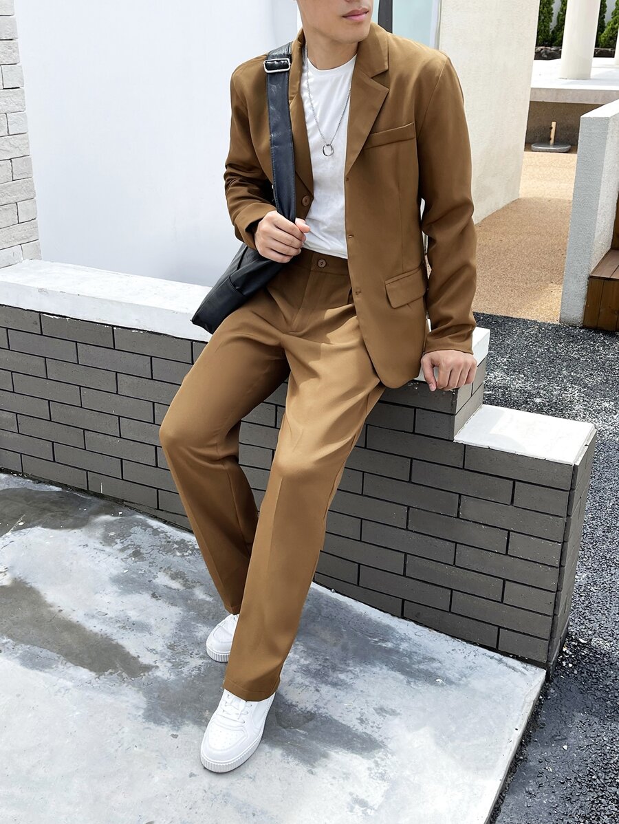 Manfinity Men Solid Lapel Collar Blazer & Suit Trousers - Brown - View 1