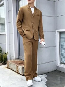 Manfinity Men Solid Lapel Collar Blazer & Suit Trousers - Brown - View 3