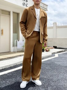 Manfinity Men Solid Lapel Collar Blazer & Suit Trousers - Brown - View 5