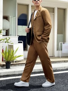 Manfinity Men Solid Lapel Collar Blazer & Suit Trousers - Brown - View 6