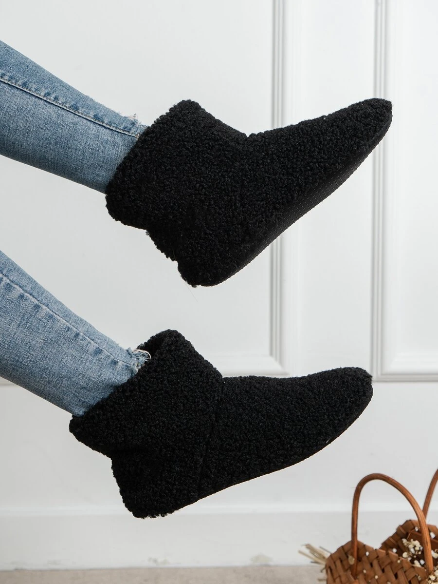 Minimalist Fluffy Slipper Boots - Black - View 1