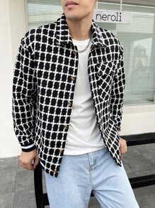 Manfinity Homme Áo khoác Nam Túi Nút phía trước Sọc ca rô Giải trí - Đen và trắng - Xem 1