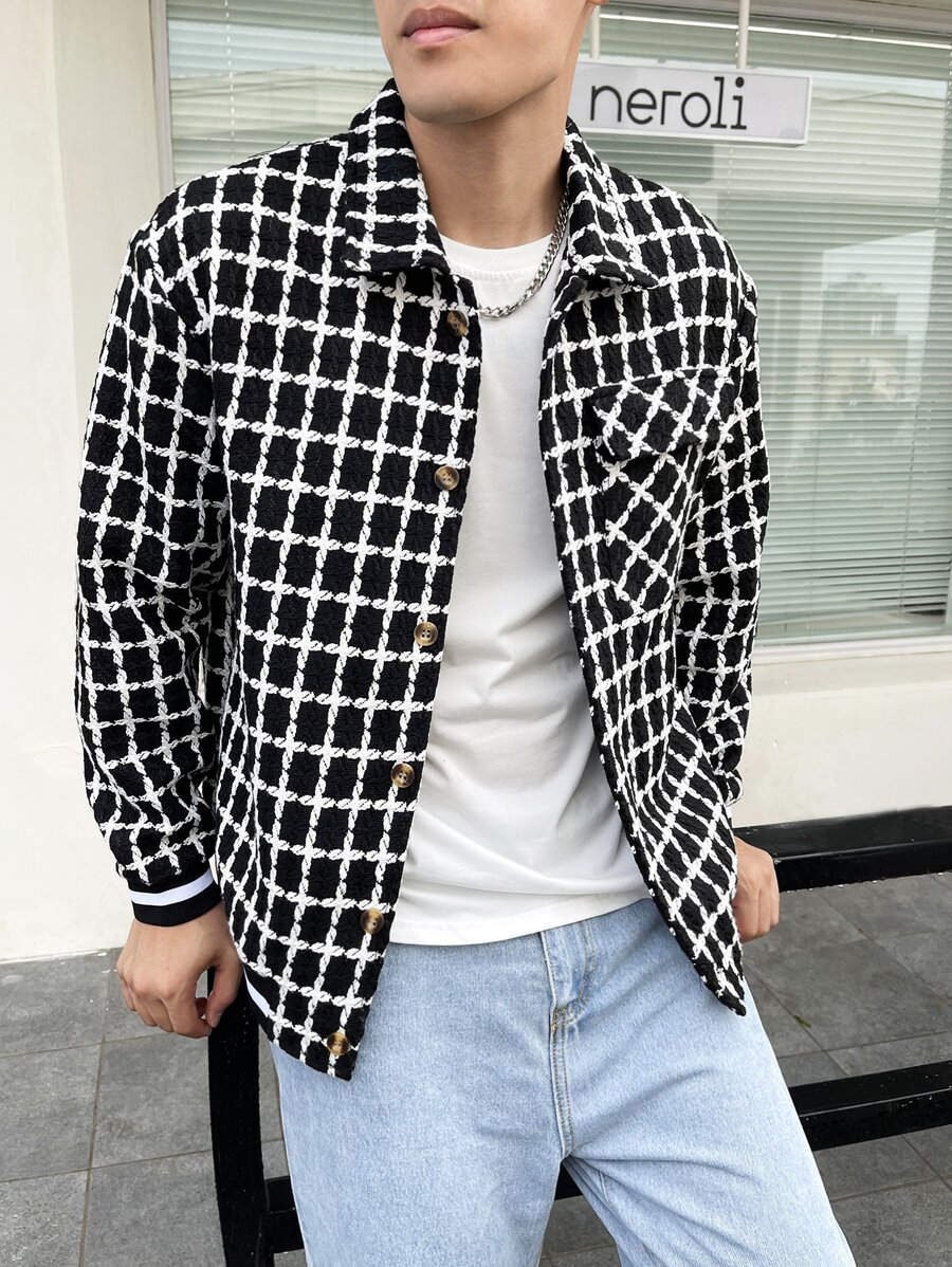 Manfinity Homme Áo khoác Nam Túi Nút phía trước Sọc ca rô Giải trí - Đen và trắng - Xem 1