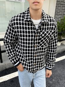 Manfinity Homme Áo khoác Nam Túi Nút phía trước Sọc ca rô Giải trí - Đen và trắng - Xem 3