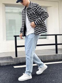 Manfinity Homme Áo khoác Nam Túi Nút phía trước Sọc ca rô Giải trí - Đen và trắng - Xem 4