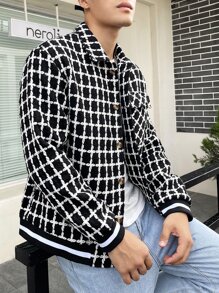 Manfinity Homme Áo khoác Nam Túi Nút phía trước Sọc ca rô Giải trí - Đen và trắng - Xem 5