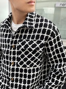 Manfinity Homme Áo khoác Nam Túi Nút phía trước Sọc ca rô Giải trí - Đen và trắng - Xem 7