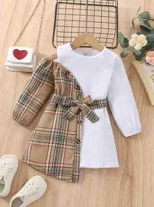 Baby Contrast Plaid Cut Out Shoulder Belted Dress - Multicolor - View 1