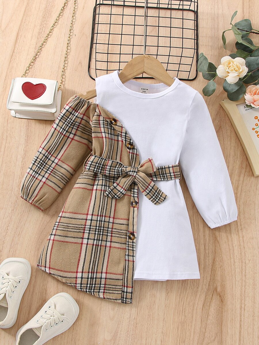 Baby Contrast Plaid Cut Out Shoulder Belted Dress - Multicolor - View 1