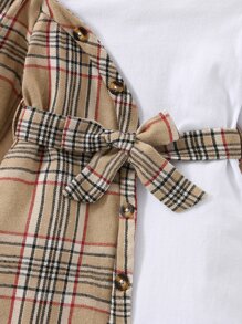 Baby Contrast Plaid Cut Out Shoulder Belted Dress - Multicolor - View 7