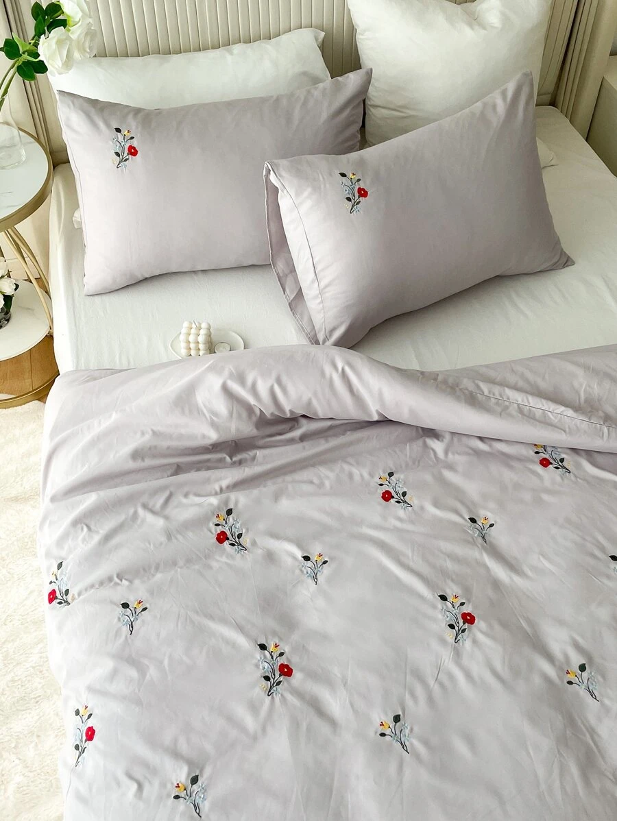 Flower Embroidered Duvet Cover Set Without Filler - Light Grey - View 1