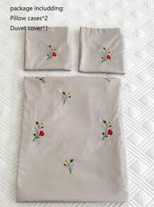 Flower Embroidered Duvet Cover Set Without Filler - Light Grey - View 3
