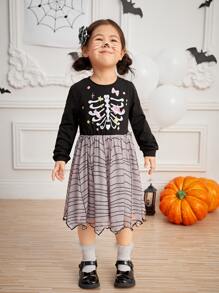 Toddler Girls Skeleton And Spider Web Print Dress - Multicolor - View 1