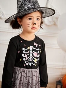 Toddler Girls Skeleton And Spider Web Print Dress - Multicolor - View 3