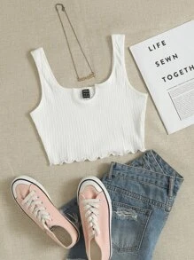 SHEIN EZwear Notch Neck Lettuce Edge Rib-knit Tank Top - White - View 1