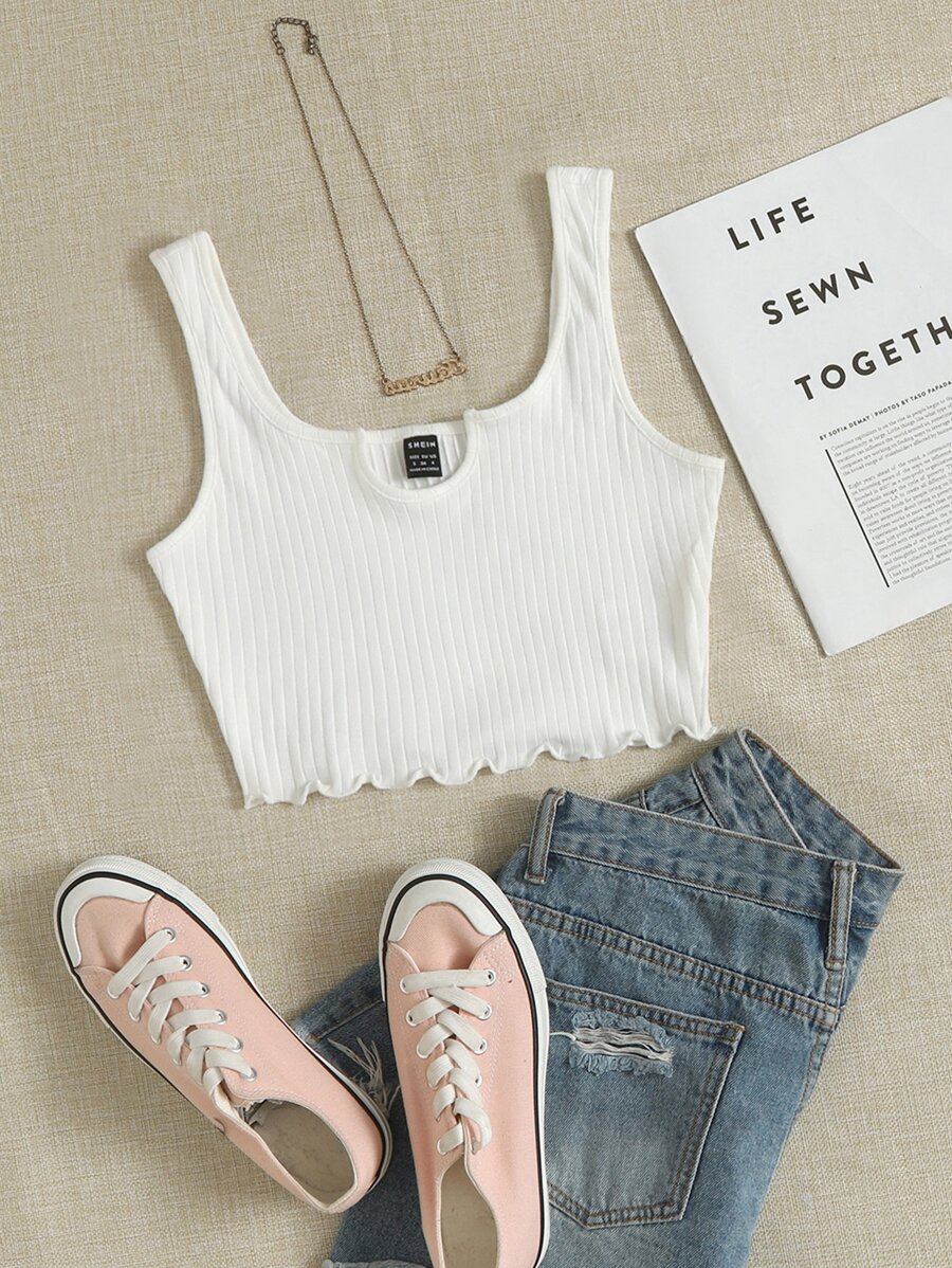 SHEIN EZwear Notch Neck Lettuce Edge Rib-knit Tank Top - White - View 1