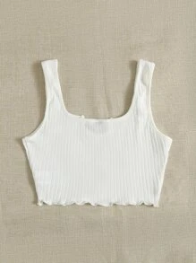 SHEIN EZwear Notch Neck Lettuce Edge Rib-knit Tank Top - White - View 2